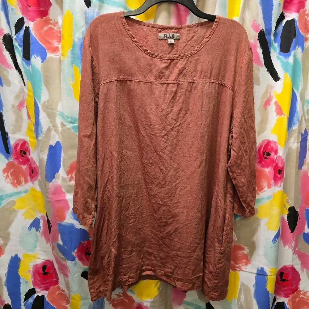 Flax 100% linen rust burnt orange shift mini dress tunic pockets‎ 3/4 sleeve L